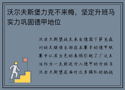 沃尔夫斯堡力克不来梅，坚定升班马实力巩固德甲地位