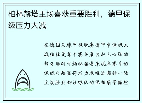 柏林赫塔主场喜获重要胜利，德甲保级压力大减
