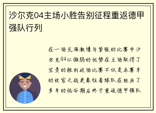 沙尔克04主场小胜告别征程重返德甲强队行列